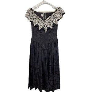 JACQUAR 1980s VTG. Y2K Dress Embroidery Black  Satin Gothic-Prom-Party Sz 9/10